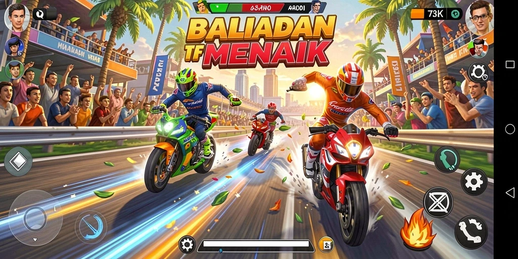 Screenshot menunjukkan aksi balapan seru di 73K.