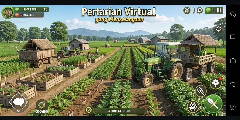 Gameplay 8QR menampilkan pertanian yang kaya dengan tanaman dan hewan.