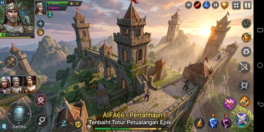 Gameplay AIFA66 dengan menara yang berstrategi menghalau gelombang musuh.
