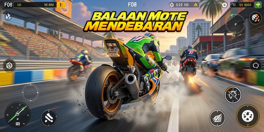 Gameplay balapan motor yang mendebarkan dan penuh aksi.