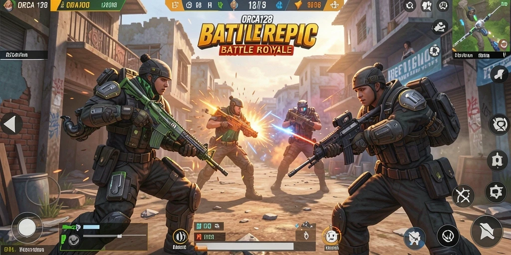 Tampilan gameplay ORCA128 menampilkan pertarungan seru dan strategi dalam Battle Royale.