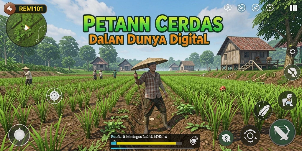 Screenshot gameplay REMI101, menunjukkan ladang yang subur dan aktif.