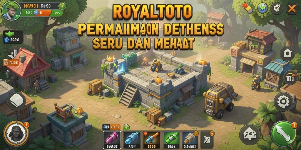 Screenshot menampilkan gameplay ROYALTOTO dengan aksi menara melawan gelombang musuh.